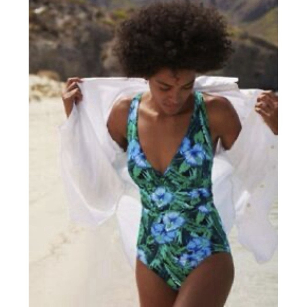 Lands' End Slender Suit Tropical Hawaiian V-neck Resort Modest One Piece SZ M
